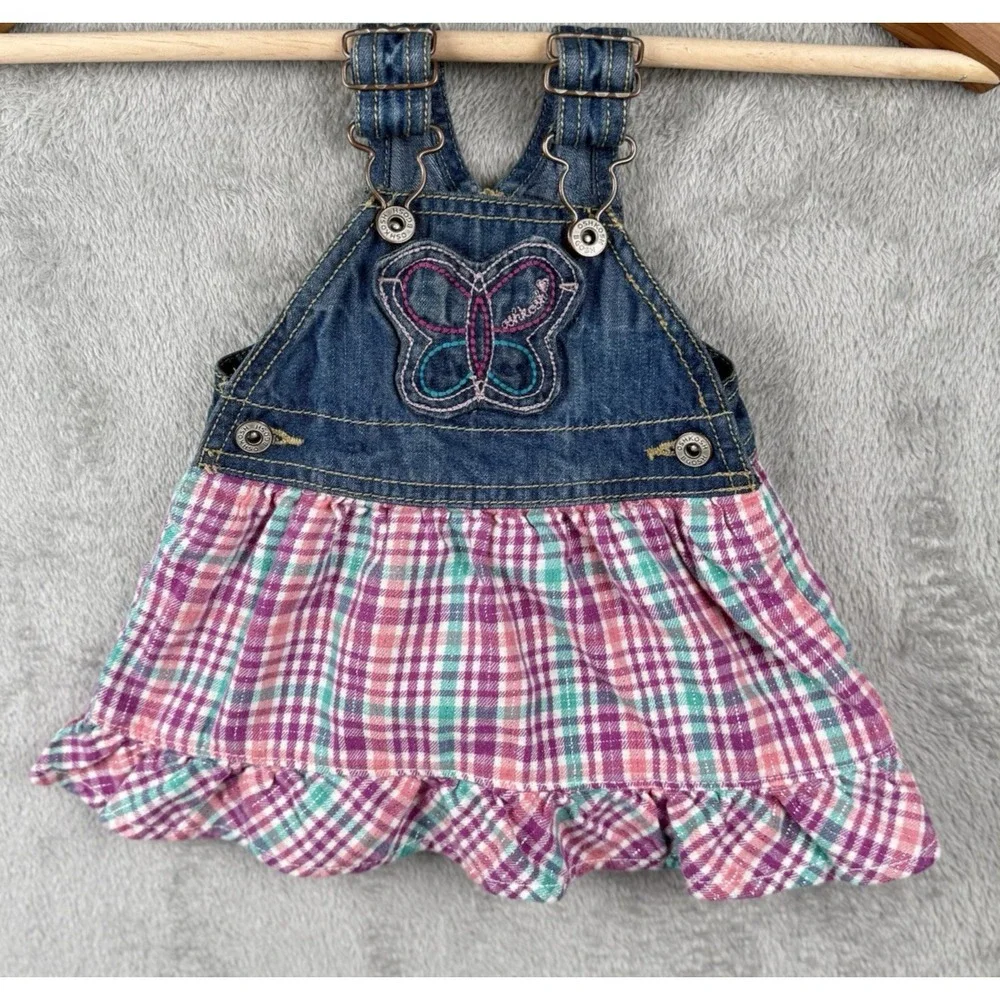 OshKosh B'Gosh Overall Dress Baby Girl 3 Months Butterfly Denim Multicolor Plaid